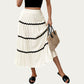 High Waist Tiered Midi Skirt with Wavy Trim Detail Flowy A-Line Silhouette Lightweight Fabric