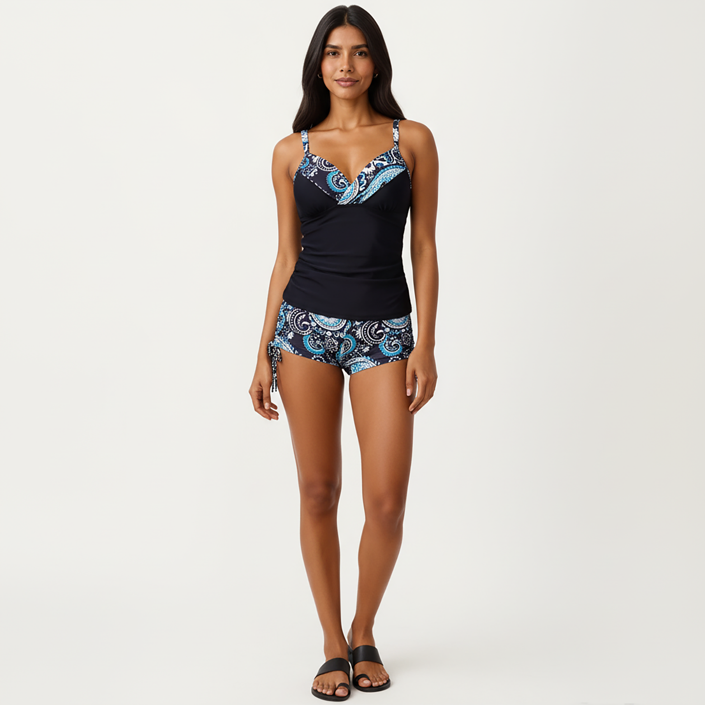 2-Piece Tankini Swimsuit Set with Paisley Print Boyshort Bottoms and V-Neck Top
