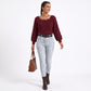 Square Neck Textured Stripe Balloon Sleeve Knit Sweater
