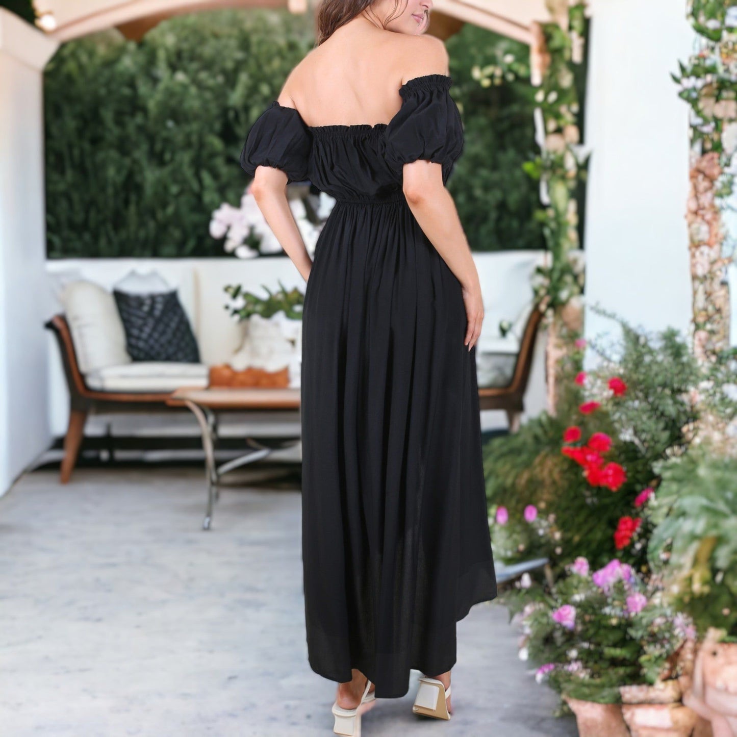 Casual Boho Lantern Sleeve Off Shoulder Fairy Midi Dress