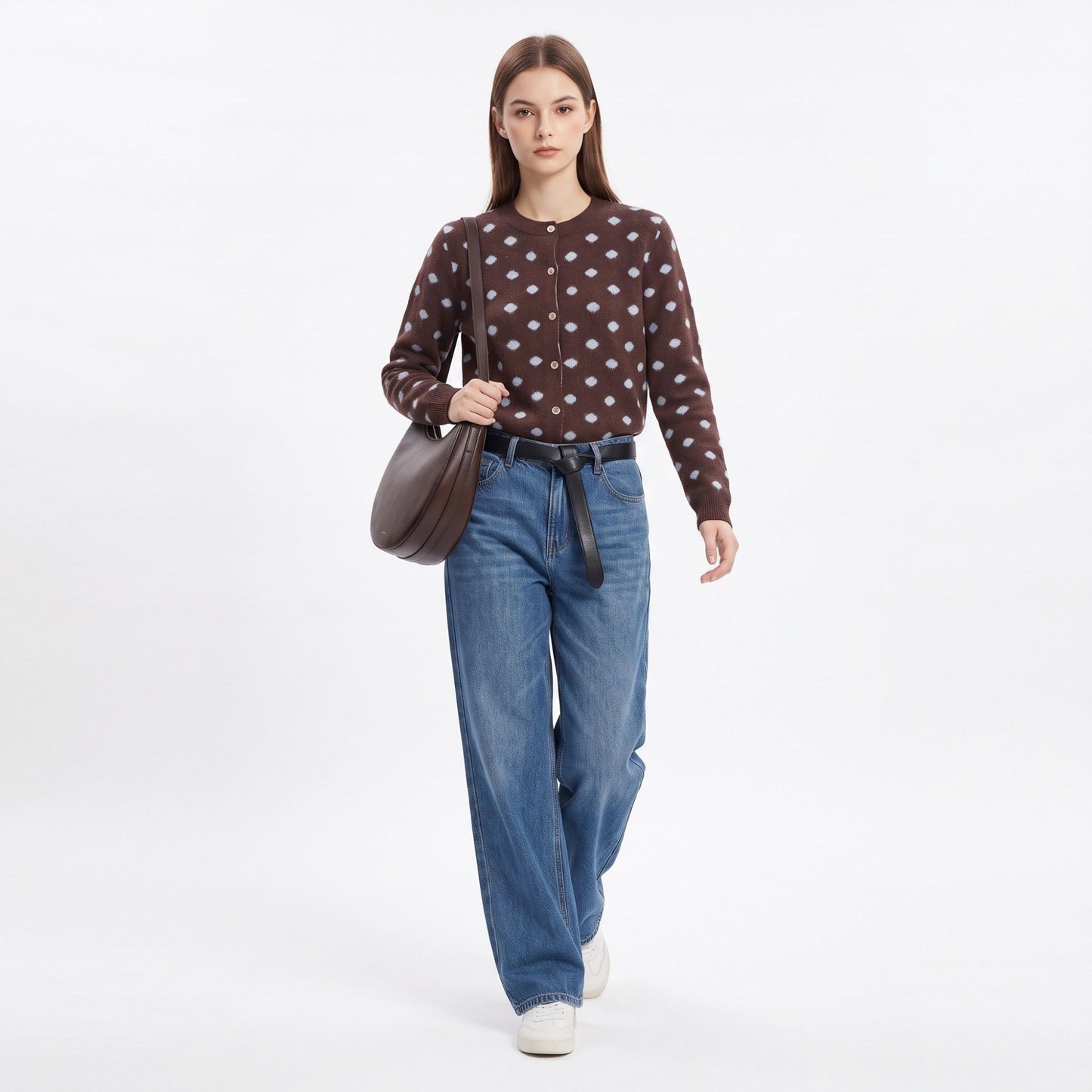 Polka Dot Crewneck Button Front Cardigan Sweater
