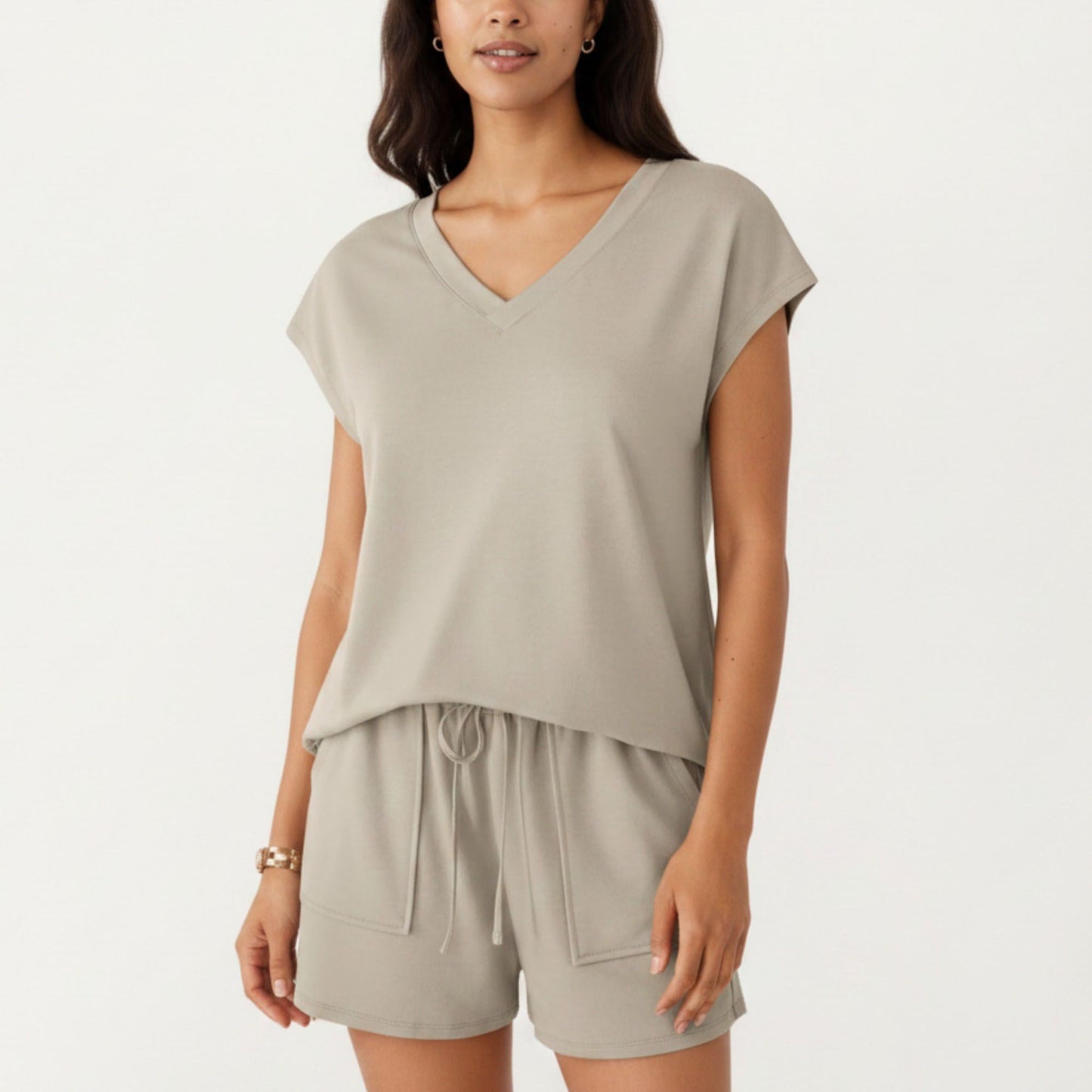 2-Piece Set Short Sleeve V Neck Top and Drawstring Shorts with Pockets Relaxed Fit Lounge Set