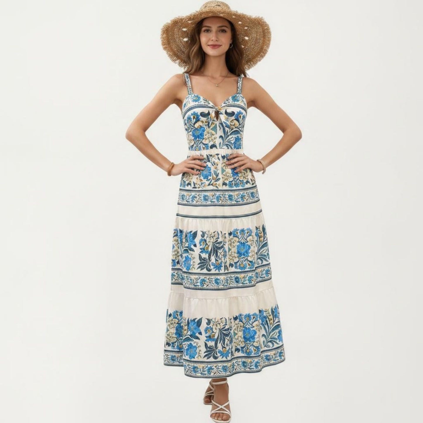 Sleeveless Maxi Dress with Adjustable Straps Tiered Skirt Printed Design Flowy Fit
