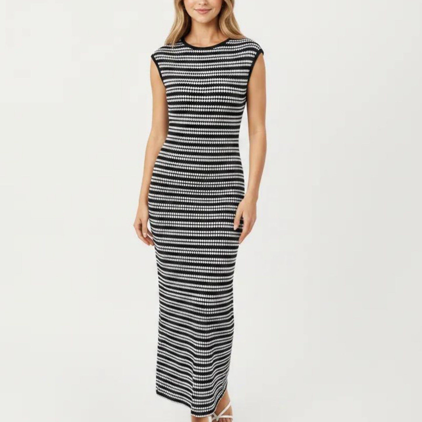 Sleeveless Crew Neck Striped Knit Column Maxi Dress