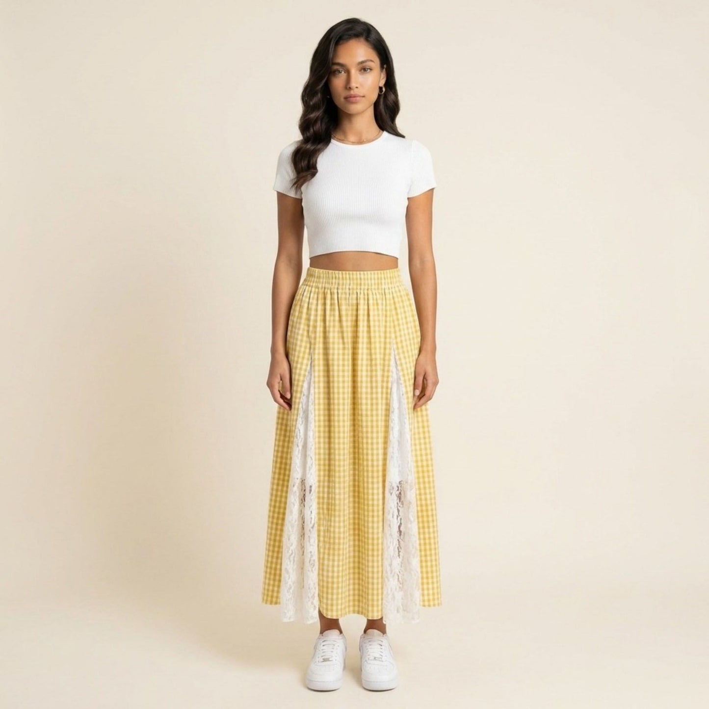 Gingham Maxi Skirt Lace Panel High Waist A Line Flowy Lightweight Casual Skirt