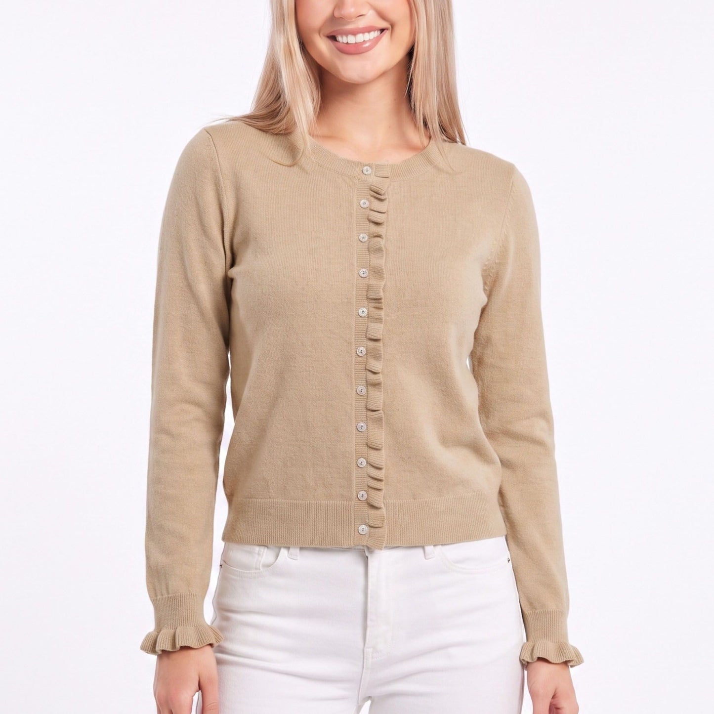 Ruffle Trim Button-Front Knit Cardigan