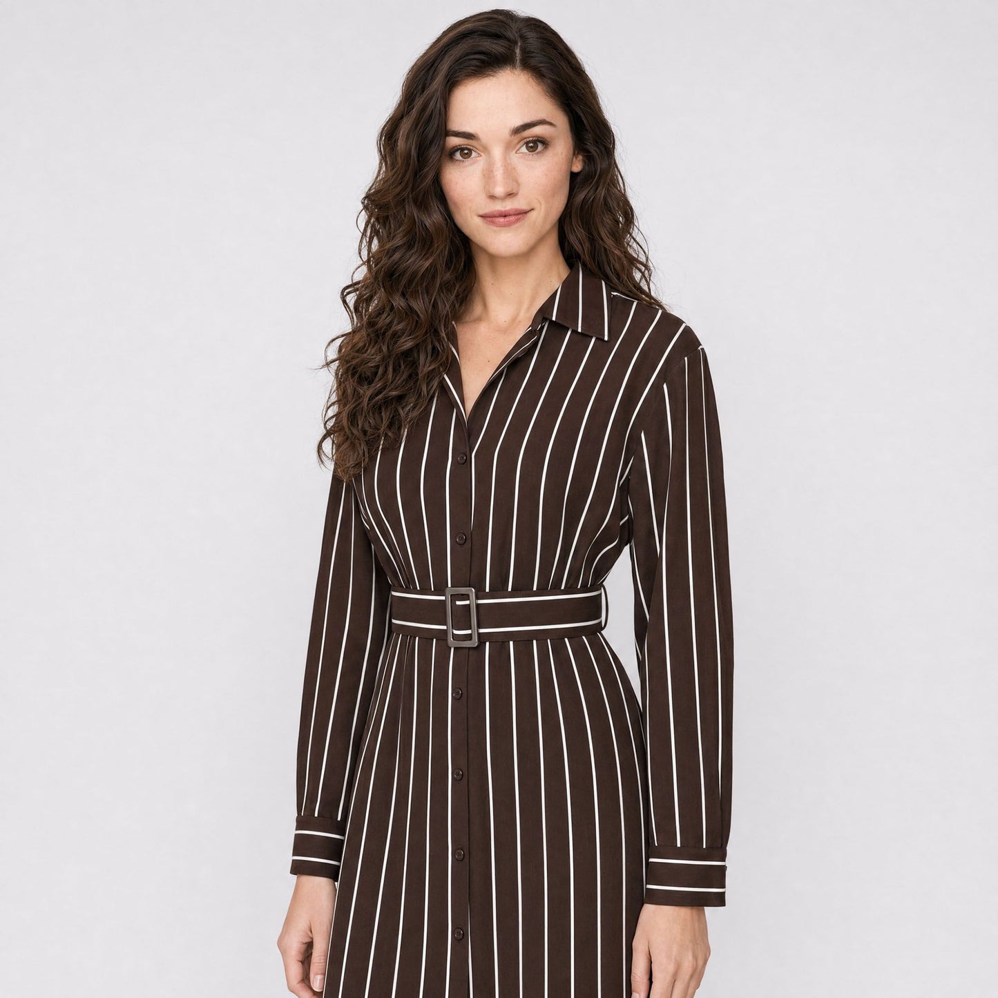 Striped Belted Button Front Long Sleeve Midi Shirt Dress