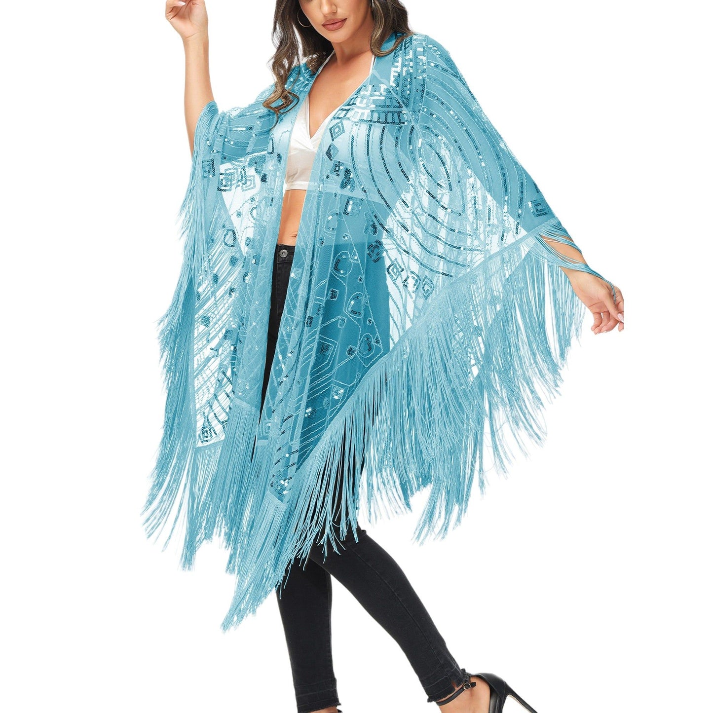 Semi Sheer Boho Sequin Fringe Sparkle Drop Shoulder Shrug