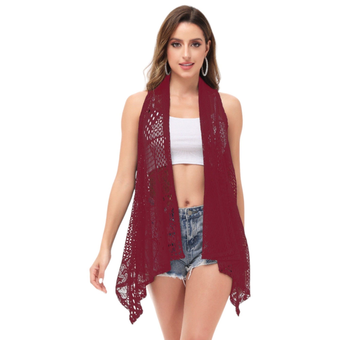 Sleeveless Open Front Crochet Shawl Cardigan Bikini Cover Up