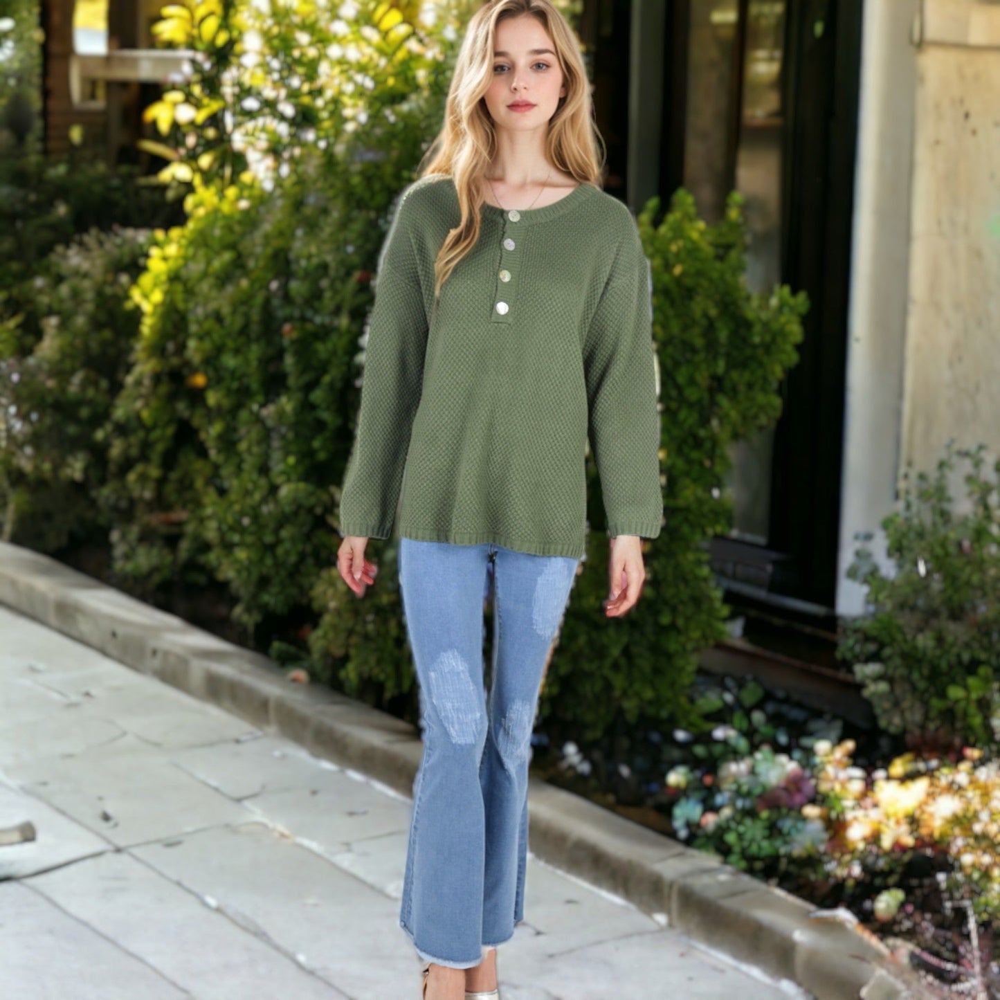 Contrast Half Button Henley Down Long Sleeve Sweater