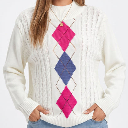 Argyle Cable Knit Mock Neck Sweater