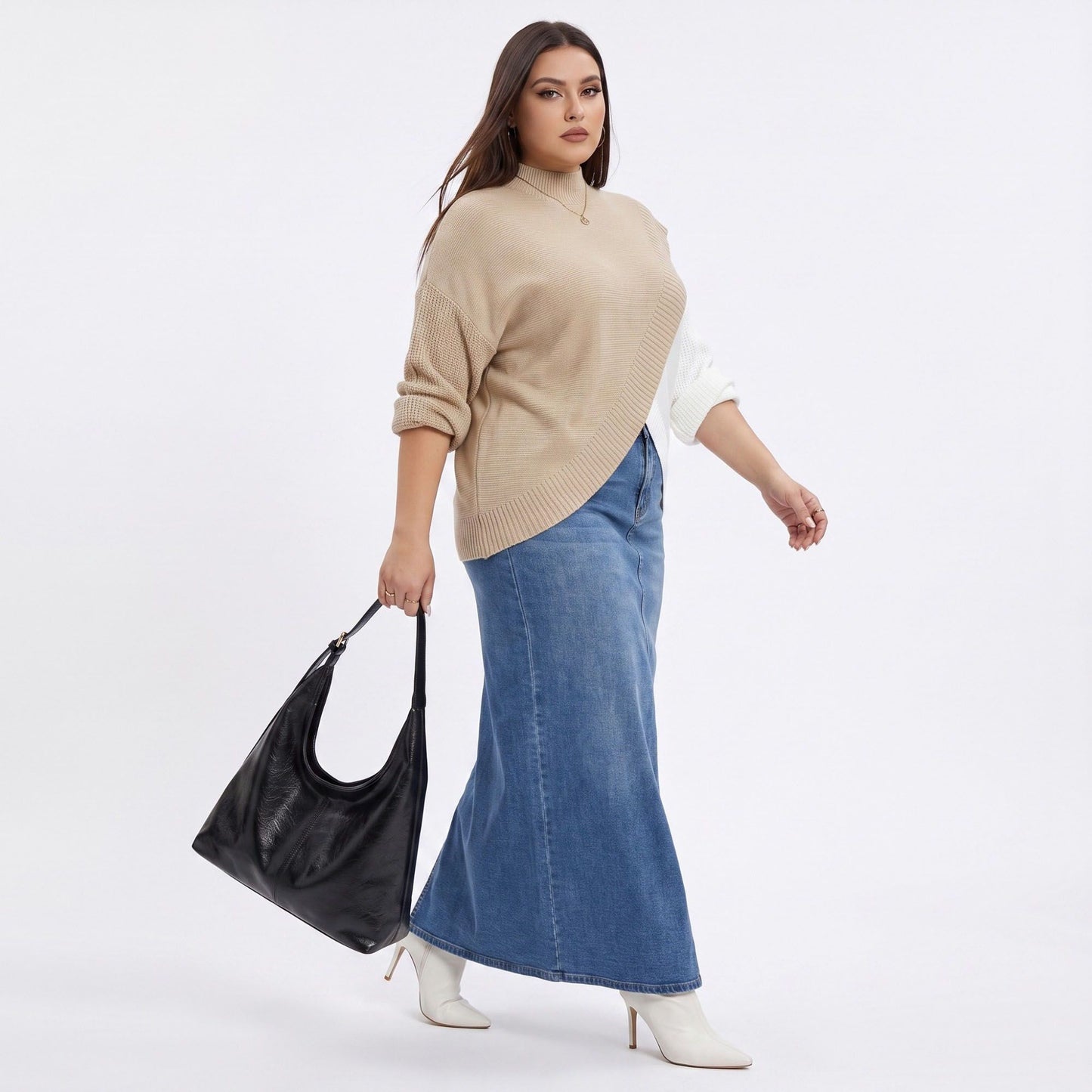 Plus Size Colorblock Mock Neck Asymmetrical Hem Sweater