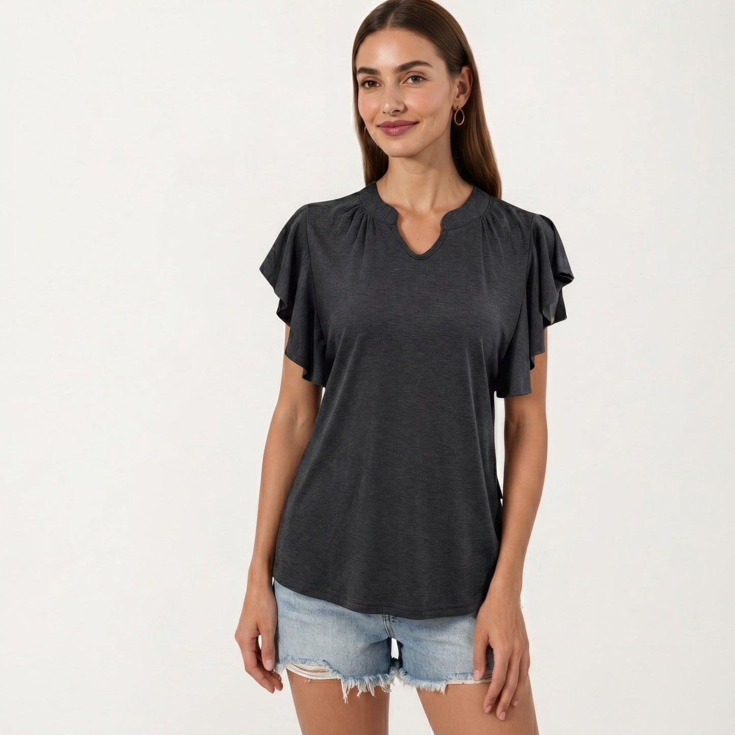 Short Sleeve Top with Flutter Ruffle Sleeves and Split V Neck Relaxed Fit Casual Shirt