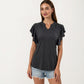Short Sleeve Top with Flutter Ruffle Sleeves and Split V Neck Relaxed Fit Casual Shirt