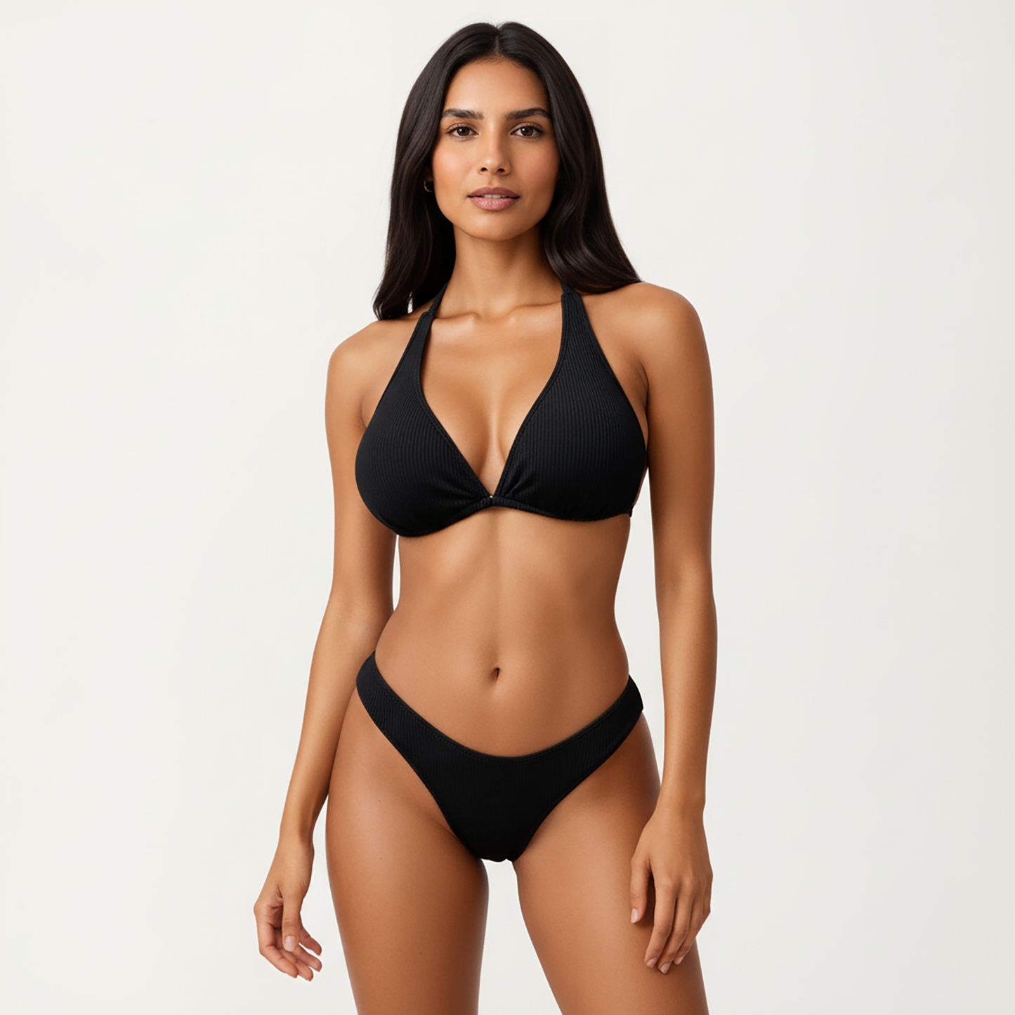 2-Piece Ribbed Triangle Bikini Set with Halter Top and High Cut Bottom