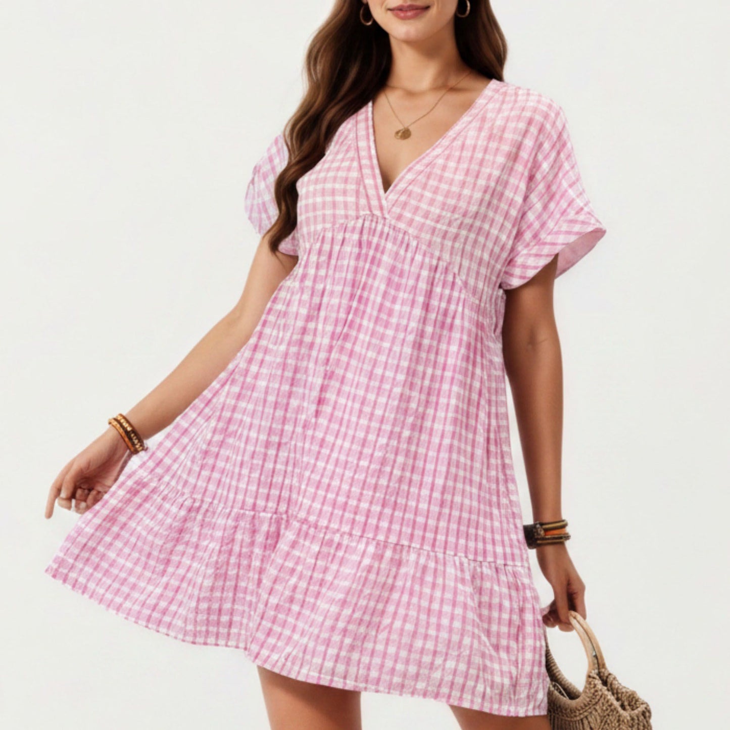Short Sleeve V Neck Plaid Mini Dress with Tiered Hem Loose Fit Casual Lightweight Summer Dress