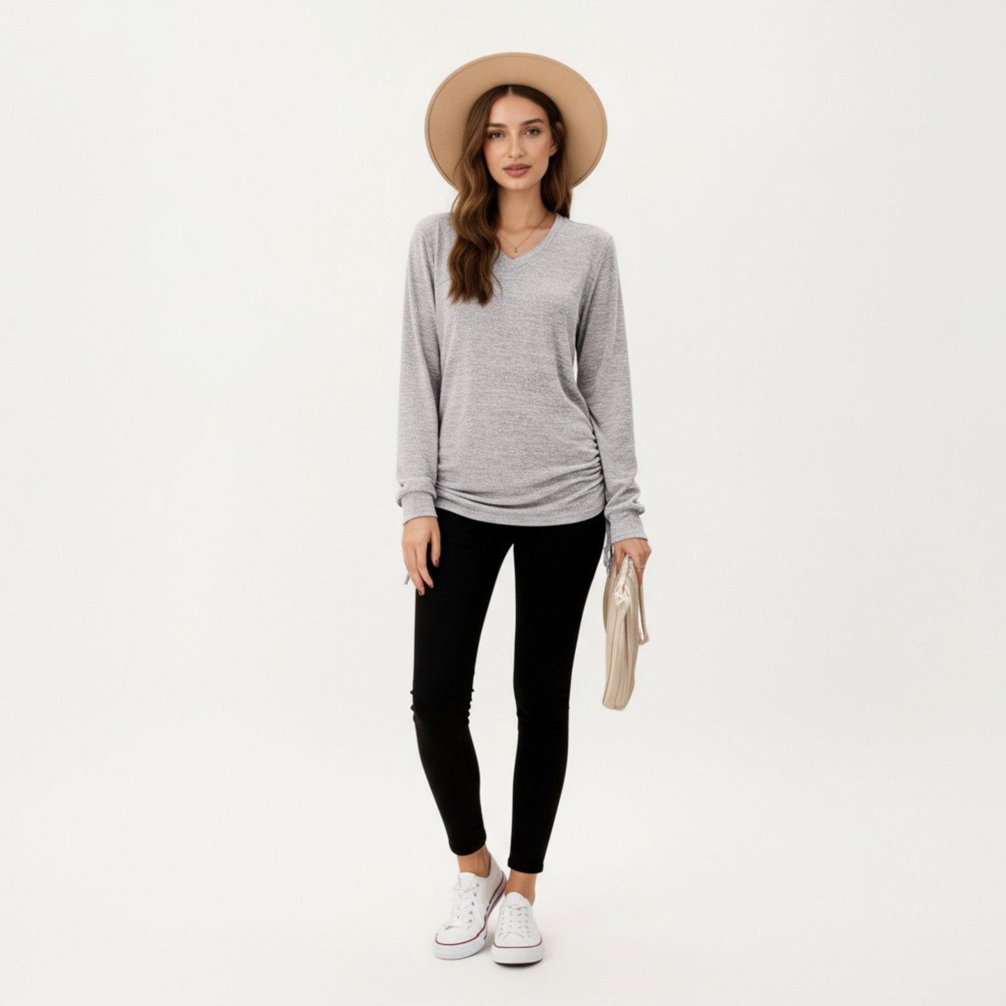 Long Sleeve V-Neck Top with Side Drawstring Ruched Hem