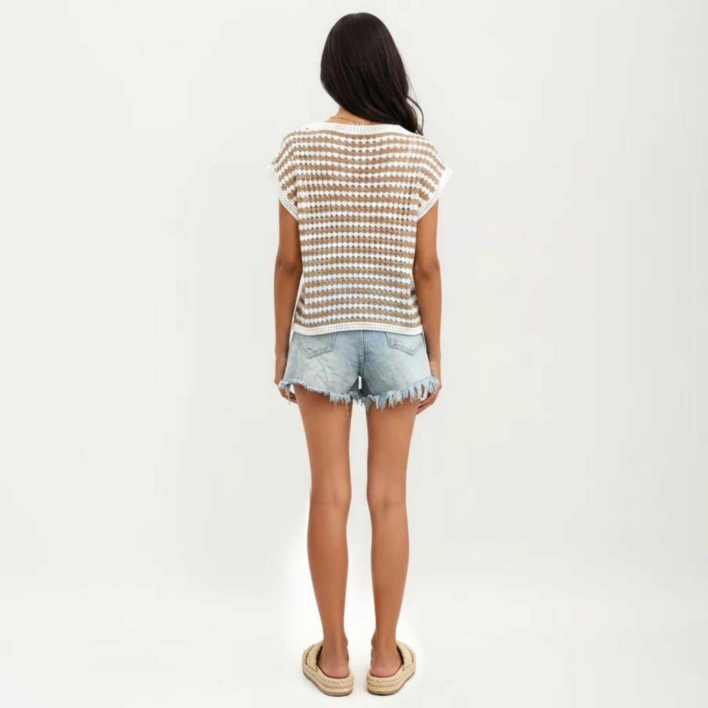 Short Sleeve Striped Crochet Knit Top with Open Stitch Texture and Relaxed Fit