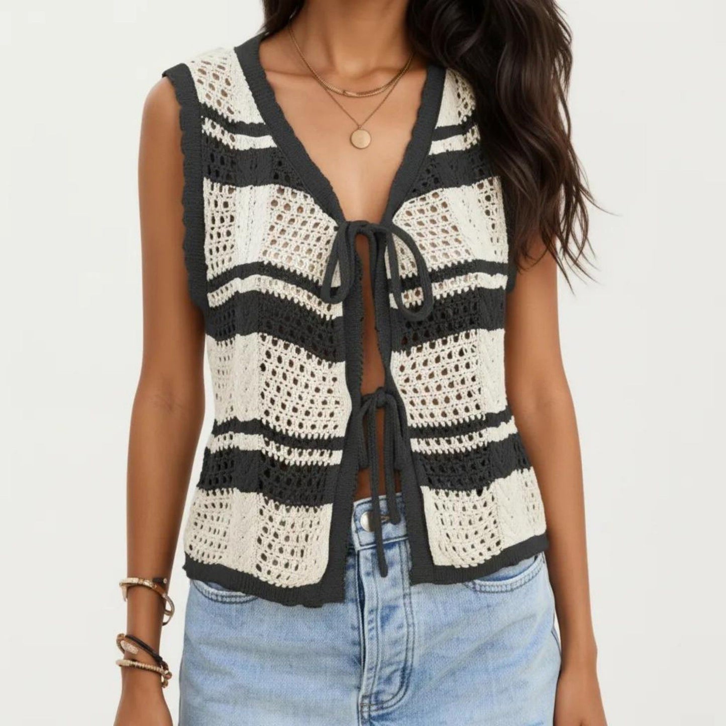 Sleeveless Striped Crochet Knit Vest with Tie Front and Open Stitch Design