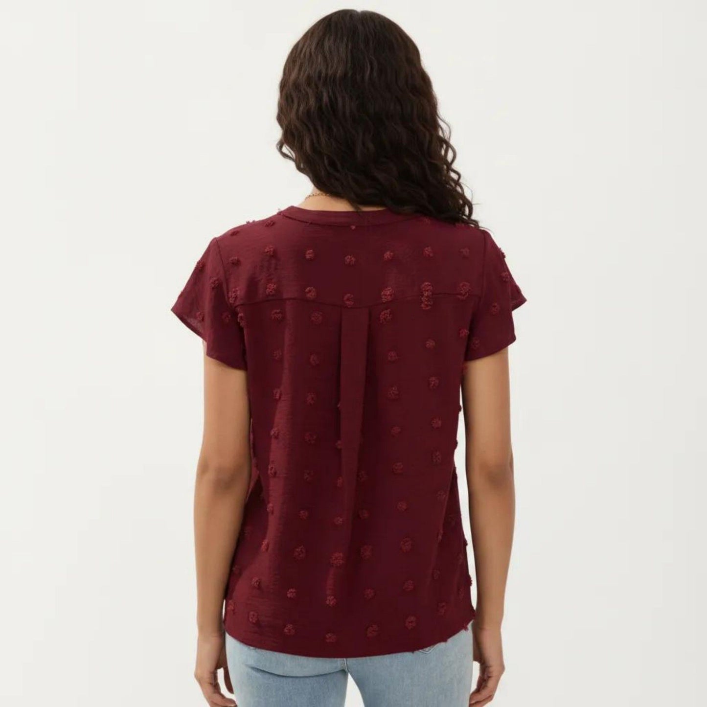 Short Sleeve Swiss Dot Top with Split Neckline and Soft Textured Fabric