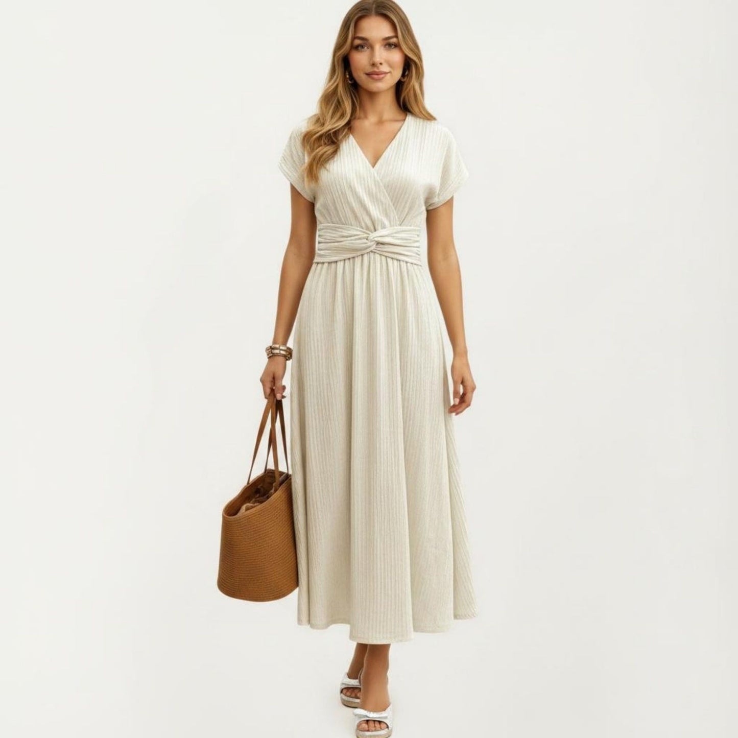 Short Sleeve Midi Dress with Wrap V Neck Twist Front Waist Detail Textured Knit Flowy Fit