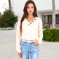 Waffle Knit Button-Accent Long Sleeve Top with V-Neck