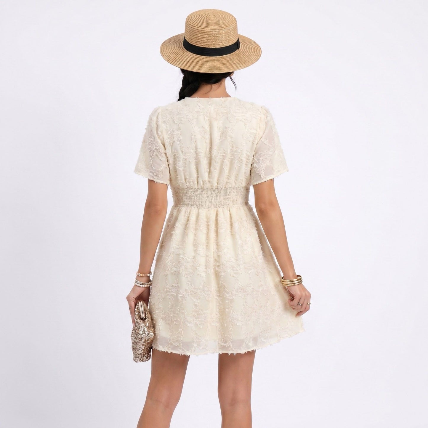 Textured V Neck Smocked Waist Mini Dress