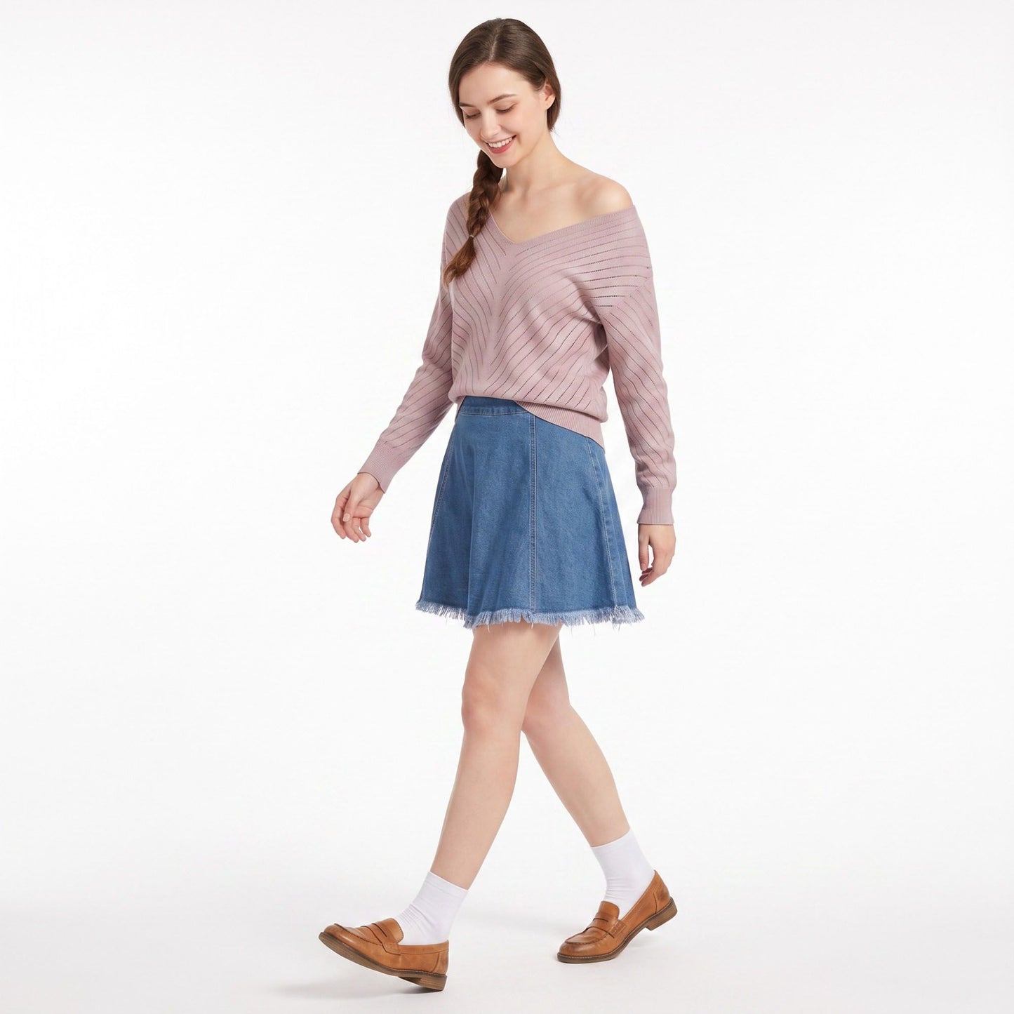 V-Neck Chevron Pointelle Knit Long Sleeve Sweater
