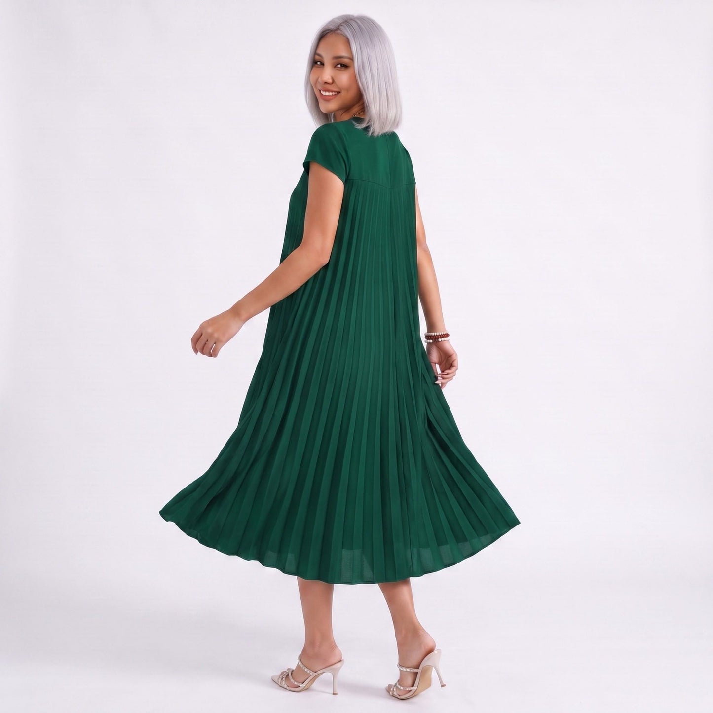 Crew Neck Short Sleeve Accordion Pleated Midi Dress