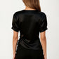 Satin V Neck Blouse with Puff Sleeves and Side Ruched Drawstring