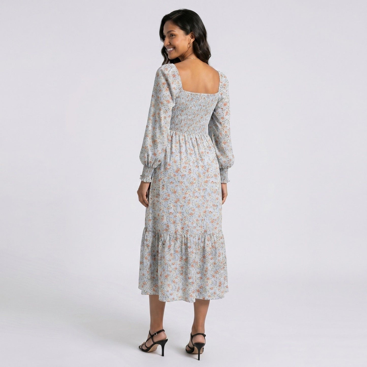 Maternity Floral Square Neck Midi Dress with Long Sleeves and Smocked Bodice