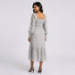 Maternity Floral Square Neck Midi Dress with Long Sleeves and Smocked Bodice