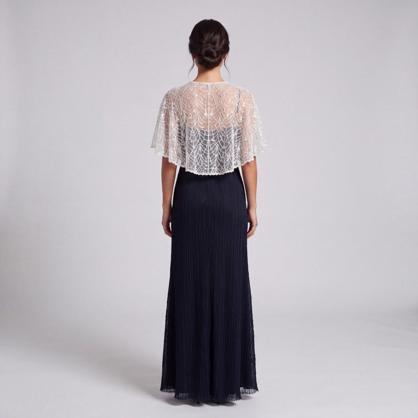 Sheer Sequin Embroidered Mesh Capelet Shrug with Scalloped Edge and Draped Short Sleeves