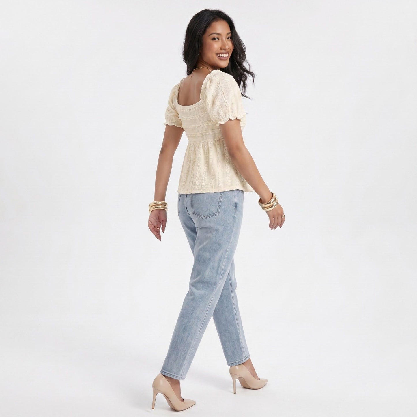 Textured Puff Sleeve Peplum Blouse