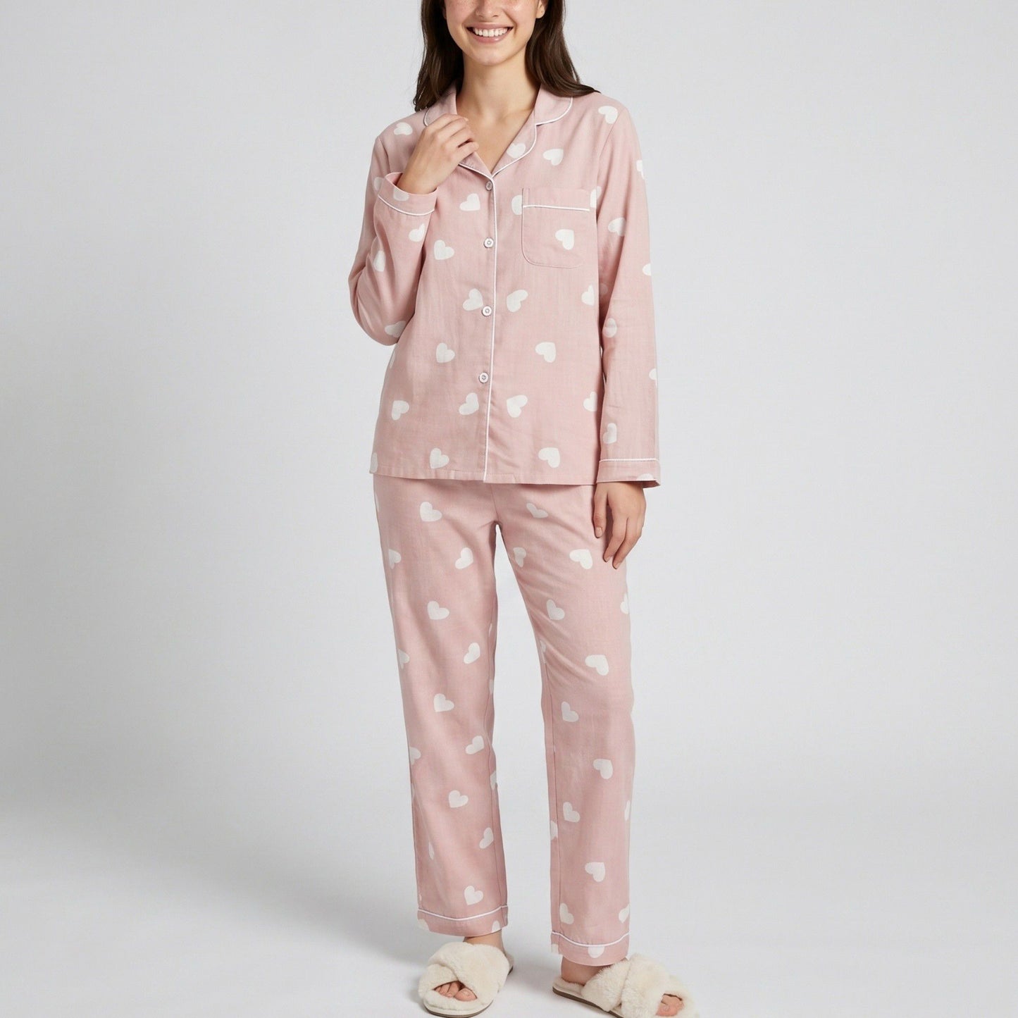 2-Piece Set Heart Print Button Front Pajama Top and Straight Leg Lounge Pants
