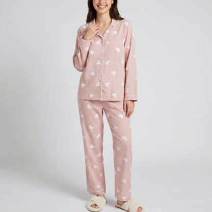 2-Piece Set Heart Print Button Front Pajama Top and Straight Leg Lounge Pants