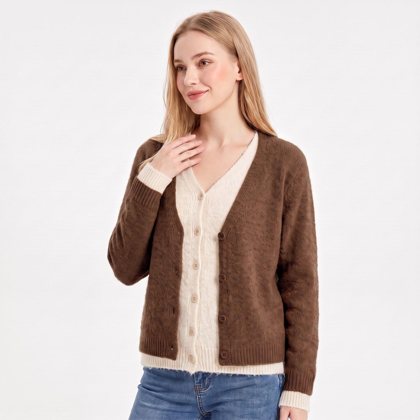 Contrast Trim Layered V Neck Button Front Cardigan