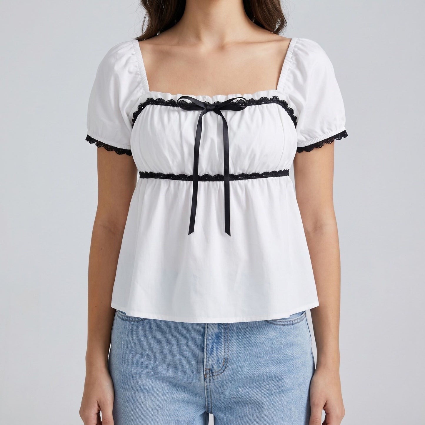 Square Neck Puff Sleeve Blouse Bow Tie Lace Trim Smocked Peplum Top