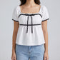 Square Neck Puff Sleeve Blouse Bow Tie Lace Trim Smocked Peplum Top