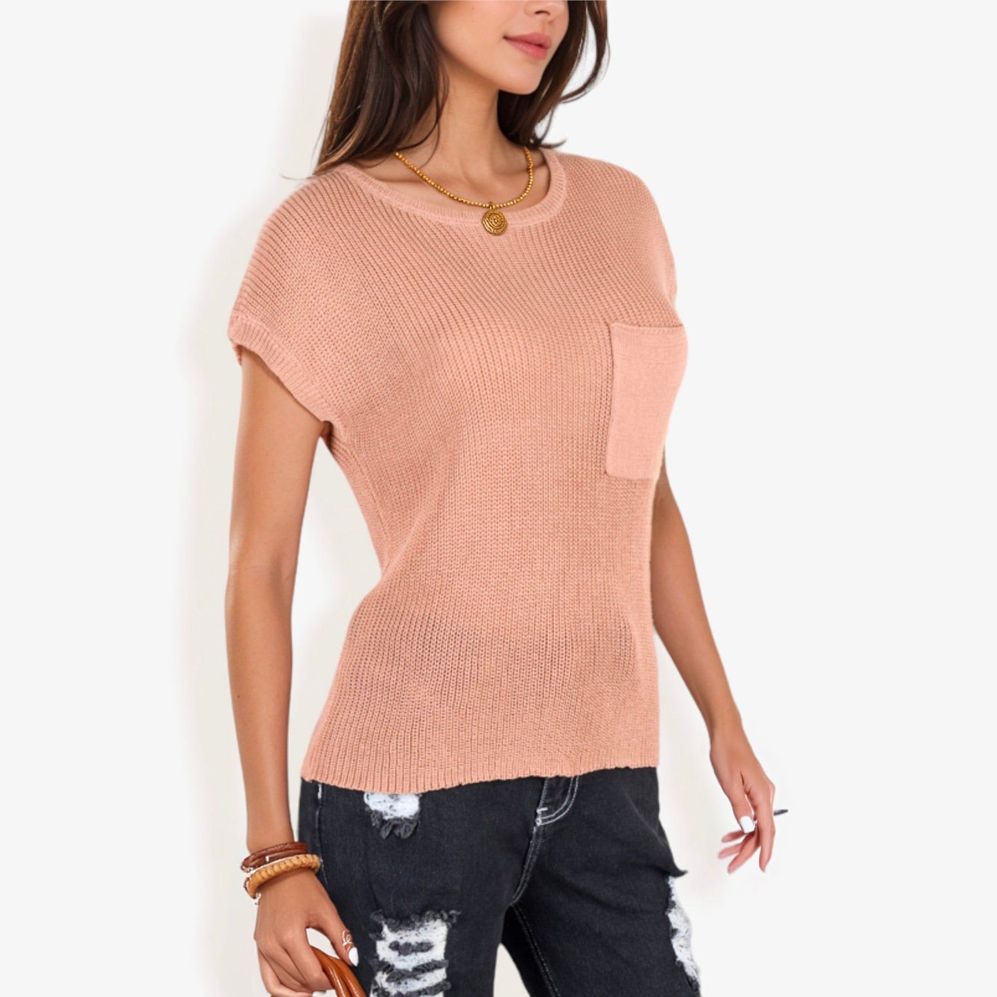 Sleeveless Knit Top with Ribbed Texture Front Patch Pocket