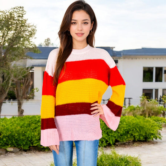 Striped Knit Sweater with Bell Sleeves and Colorful Details