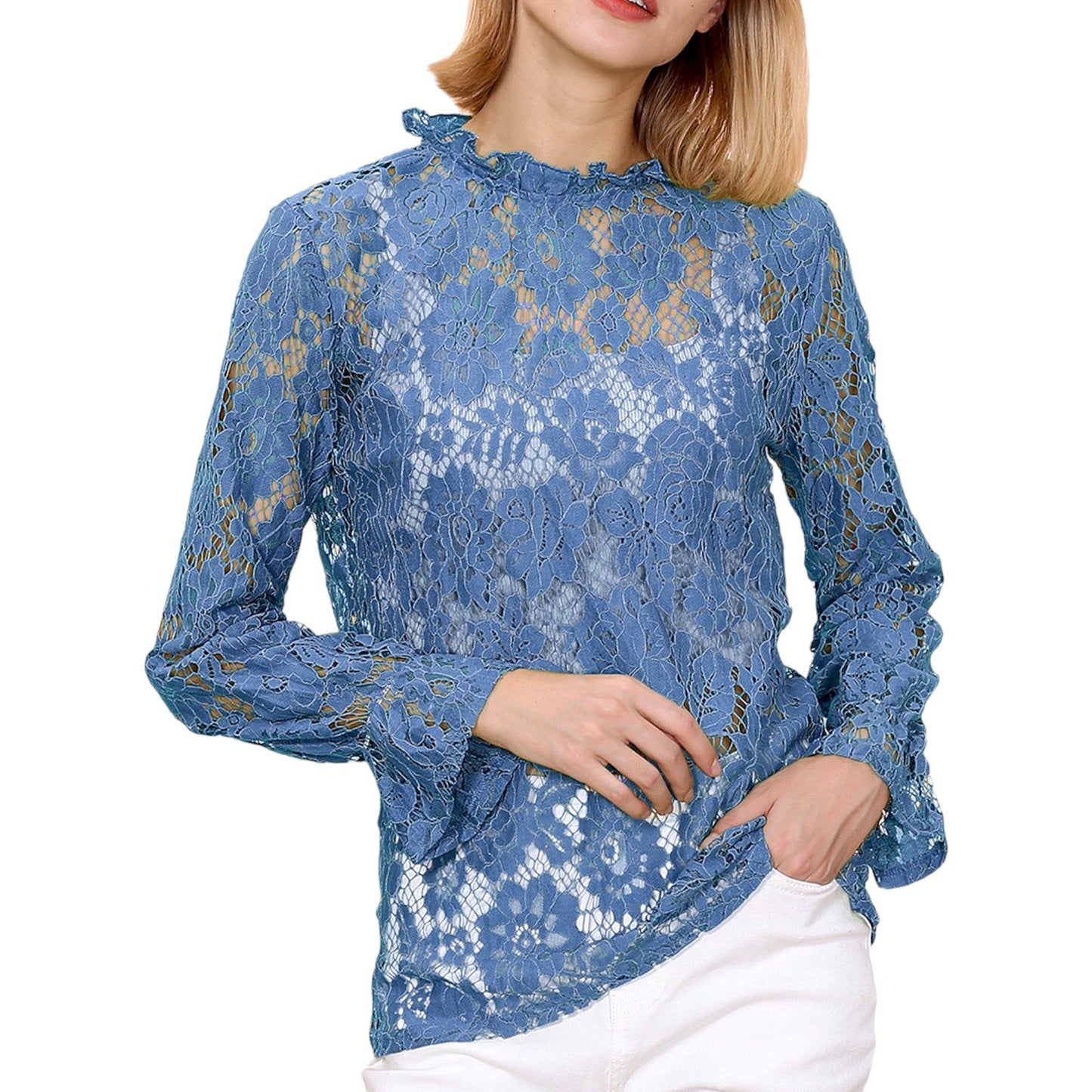 Layering Lace Puffed Sleeve Sheer Top