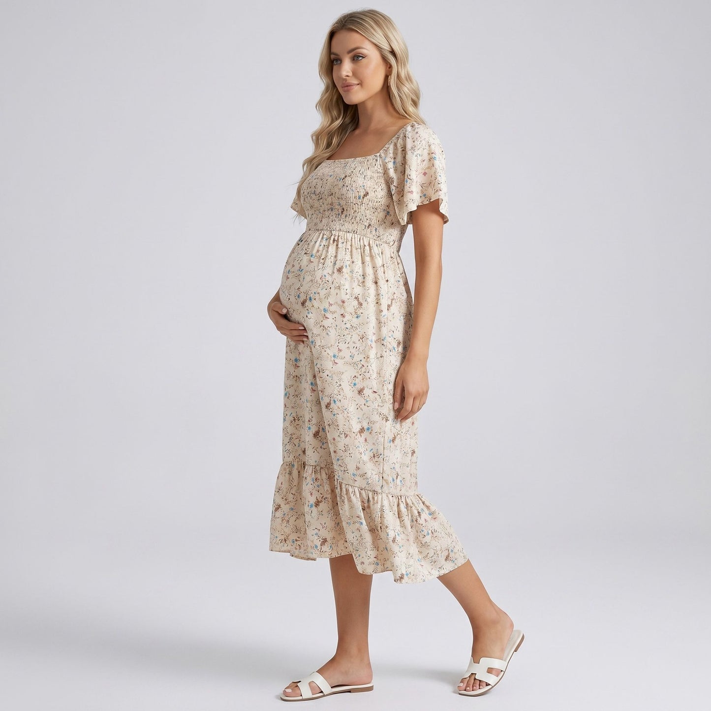 Maternity Floral Square Neck Midi Dress with Smocked Bodice and Flutter Sleeves