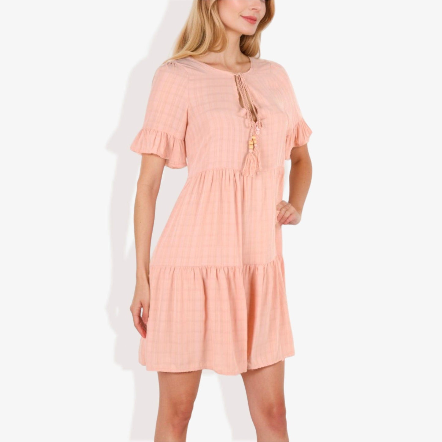 Ruffle Sleeve Tiered Dress With Button And Tassel Detail