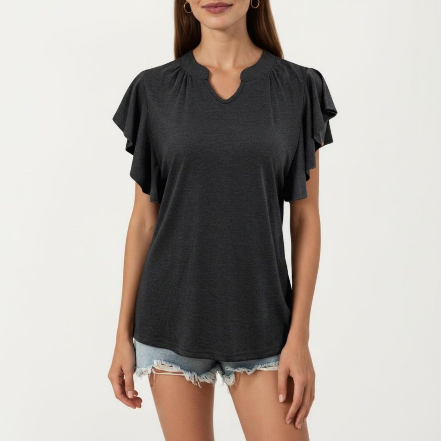 Short Sleeve Top with Flutter Ruffle Sleeves and Split V Neck Relaxed Fit Casual Shirt
