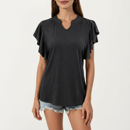 Short Sleeve Top with Flutter Ruffle Sleeves and Split V Neck Relaxed Fit Casual Shirt