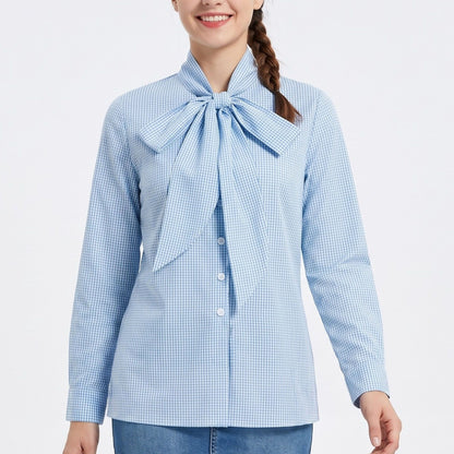 Tie-Neck Bow Long Sleeve Button-Down Blouse