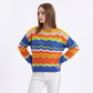 Multicolor Wave Stripe Openwork Knit Long Sleeve Pullover Sweater
