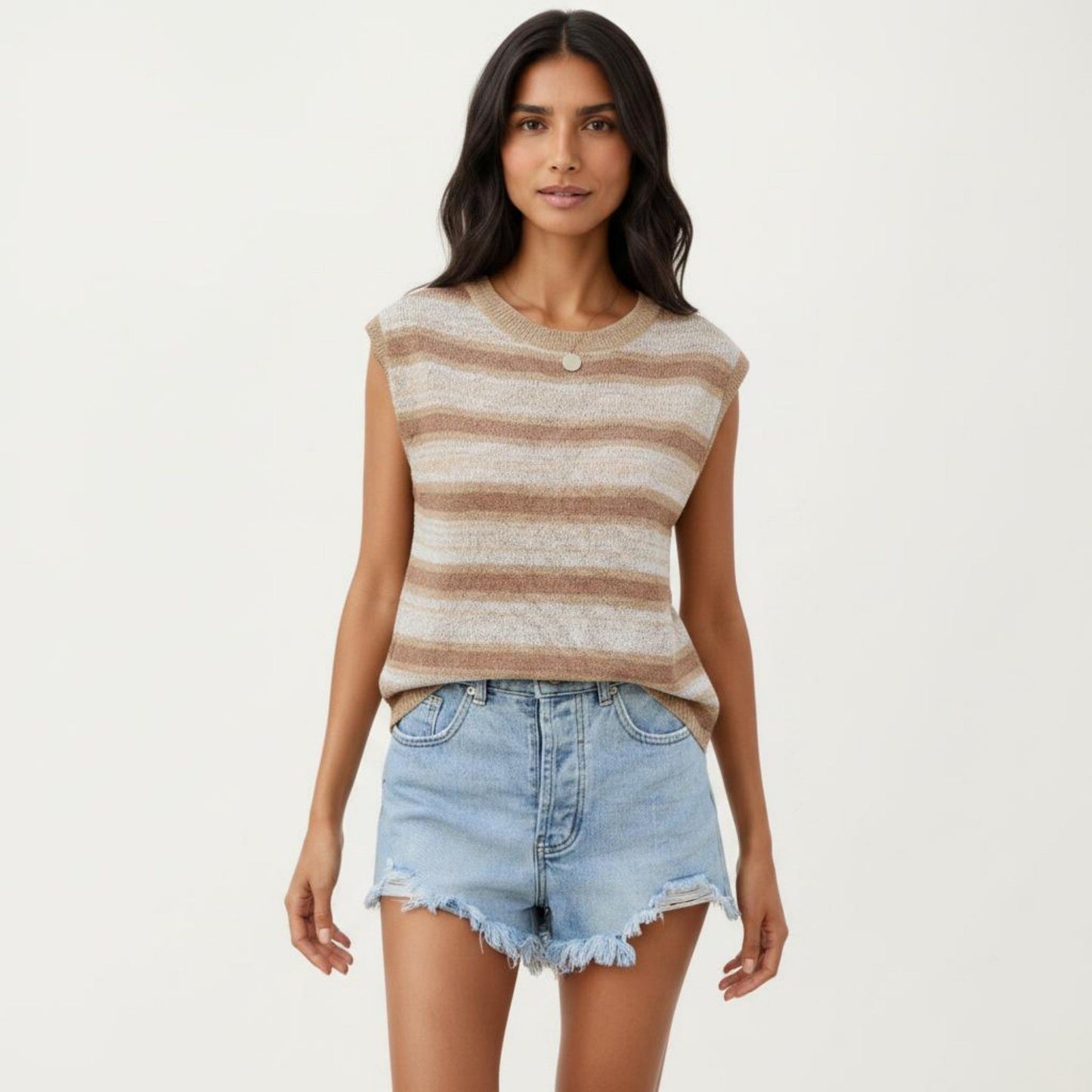 Sleeveless Striped Knit Top with Shoulder Button Detail and Relaxed Fit