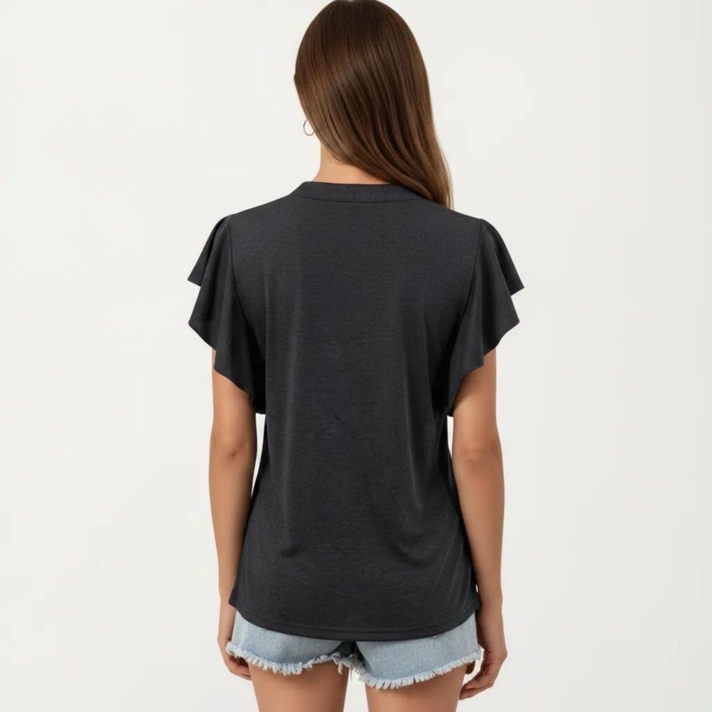 Short Sleeve Top with Flutter Ruffle Sleeves and Split V Neck Relaxed Fit Casual Shirt